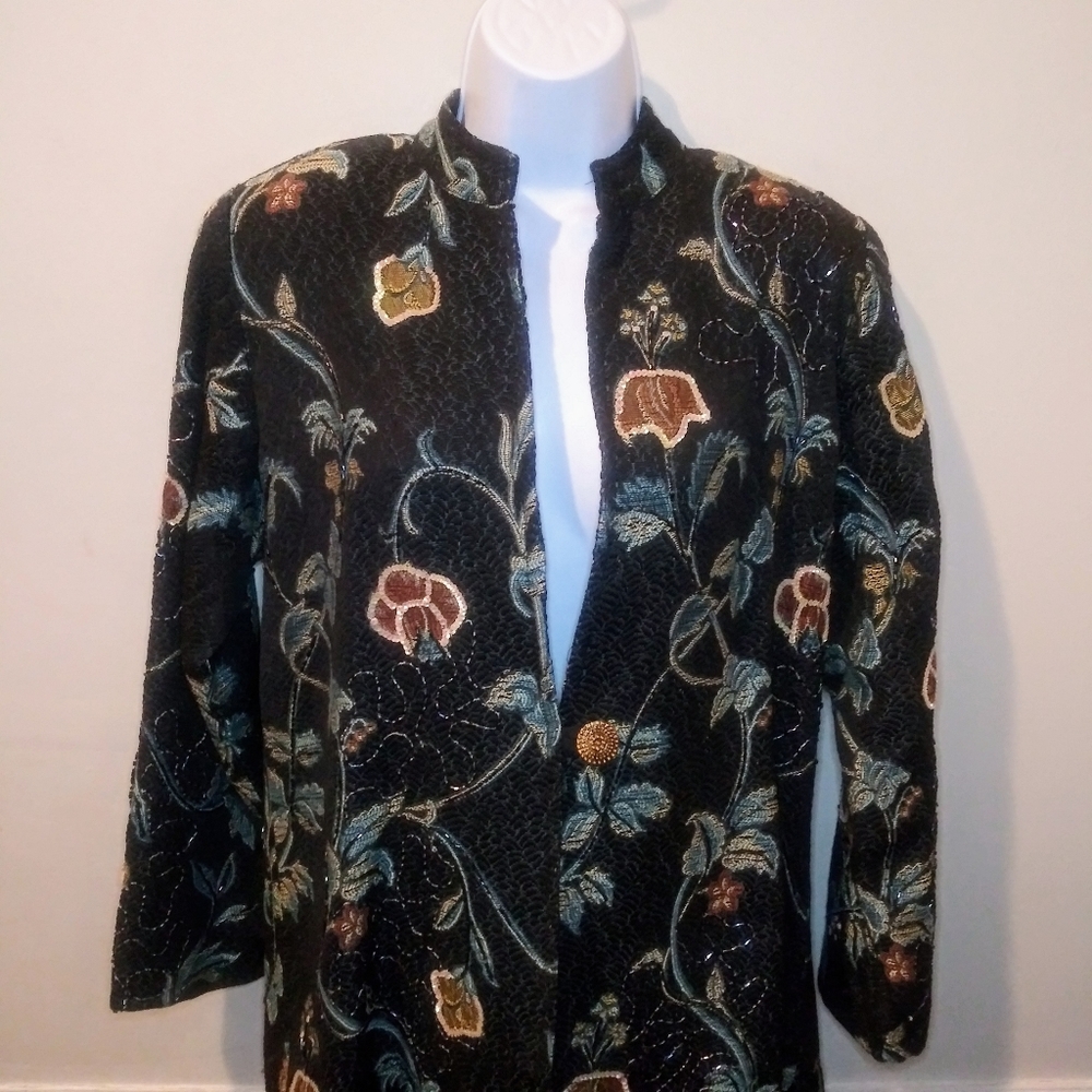 Indigo Moon Boho Beaded & Sequinned Black/Multi Long Floral Brocade Coat - Picture 2 of 12